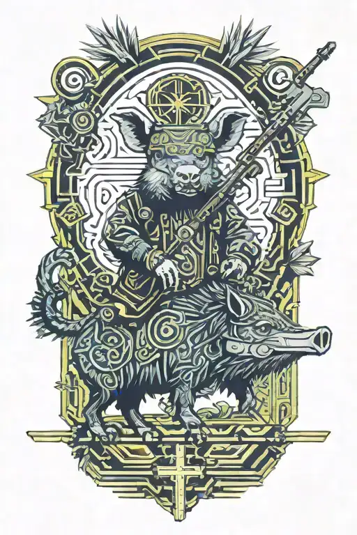 Curupira Riding Collared Peccary With A Crucifix And Gun In Jungle