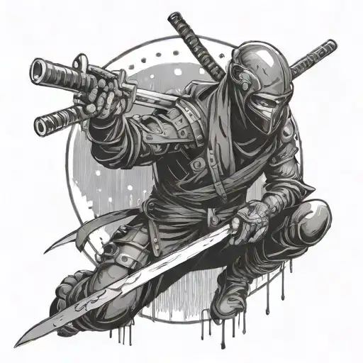 Create A Tattoo Design Featuring A Ninja Wielding A Katana In A Futuristic Cyberpunk Setting