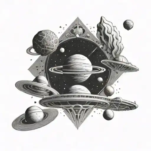 An Intricate Dotwork Design Of A Cosmic Landscape With Multiple Ufos Hovering Over Alien Planets
