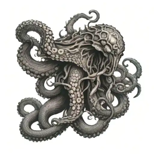 Sea Warrior Battling A Giant Octopus In A Dotwork Style