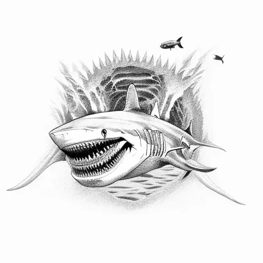 A Shark Breaking Through The Surface Of The Water With A Trident In Its Mouth