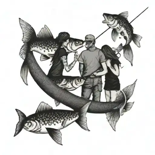 Dad And 4 Daughters Fishing Sunset