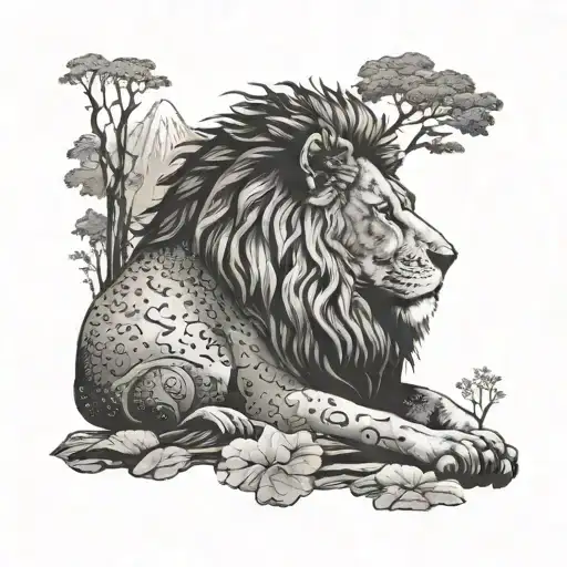 A Serene Scene Of A Lion Meditating In A Forest Surrounded By Hiking Trails