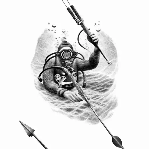 Diver With Spear Black And Gray Realism