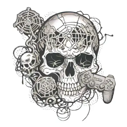 A Video Game Controller Morphing Into A Skull With Spiderwebs And Spiders Crawling Around It