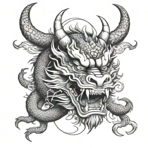 A Unique Design Combining Elements Of A Japanese Dragon And A Hannya Mask In A Dotwork Style