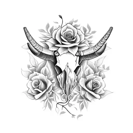 Long Horn Skull With Roses And Vines