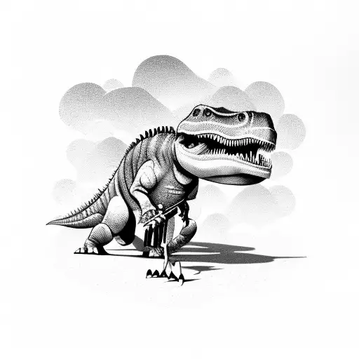 The Dinosaur Shoots Lasers From The Eye And Holds A Sword In His Hands