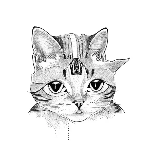 A Dotwork Tattoo Of A Cat And A Dog Hiking Up A Mountain At Sunset