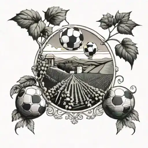 A Vineyard Landscape With A Soccer Ball And Paint Palette Hidden In The Vines