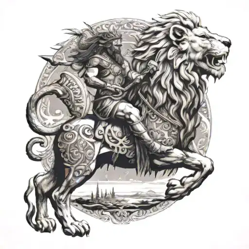 A Warrior Riding A Lion On A Beach With Classical Architecture In The Background