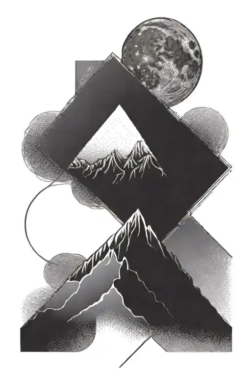 Single Mountain And Moon Surrounded By Straight Vertical Lines
