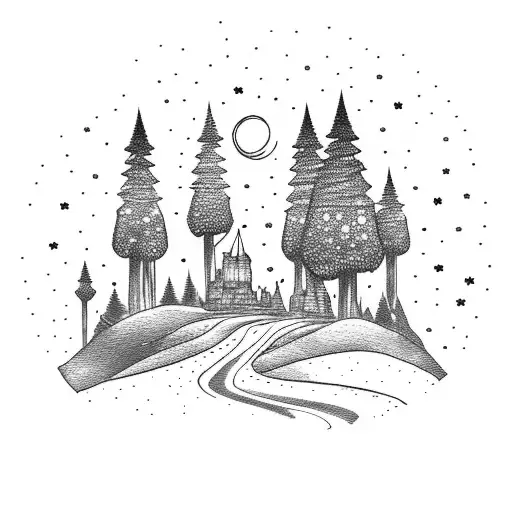 Tattoo Of A Man Riding Mountain Bike On A Mountain In The City At Night With Stars In The Sky