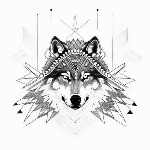 Aggressive Wolf With A Shaman Traditional Native Indian Style With Geometric Shapes