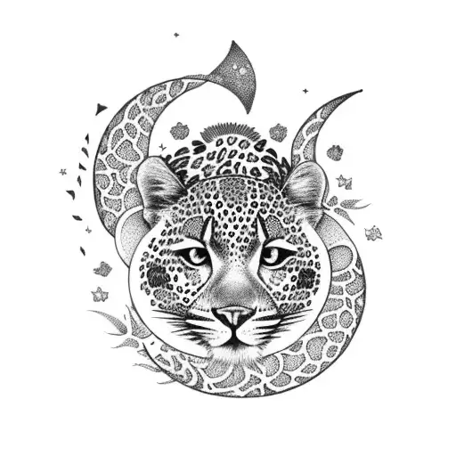 Bunch Of Flowers Surrounding A Leopard With A Crescent Moon Above