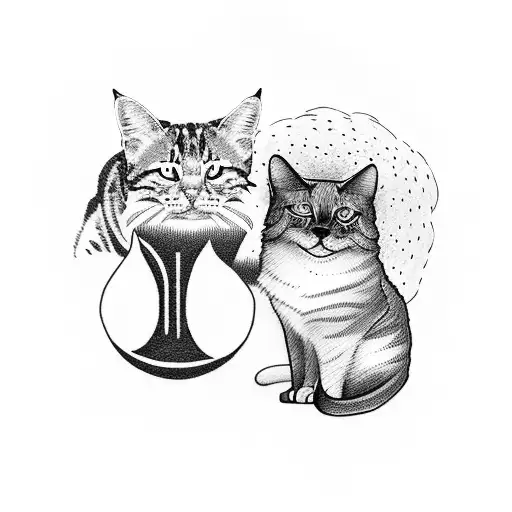 A Dotwork Tattoo Of A Dog And A Cat Meditating Together In A Peaceful Nature Scene