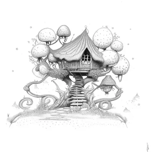 A Fairy Treehouse That Is In A Spring Garden Withrealistic Vines And Flowers Creeping Up And Down