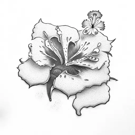 A Surrealistic Tattoo Depicting Your Best Friend As A Hibiscus Flower In A Dreamlike Landscape