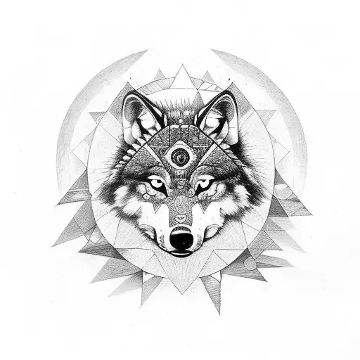 Aggressive Wolf Traditional Native Indian Style With Geometric Shapes