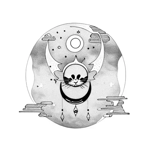 A Crescent Moon With Dangles And A Cat And The Sun