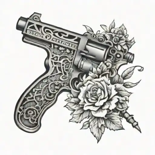An Intricate Design Featuring Various Types Of Guns And Weapons Intertwined With Floral Elements