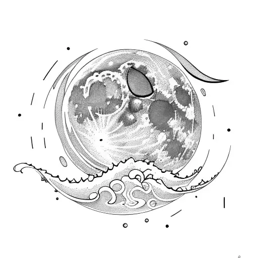 Moon With Waves Line Art