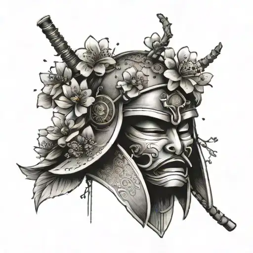 Japanese Cherry Blossom Tree With A Samurai Helmet Hanging From A Branch