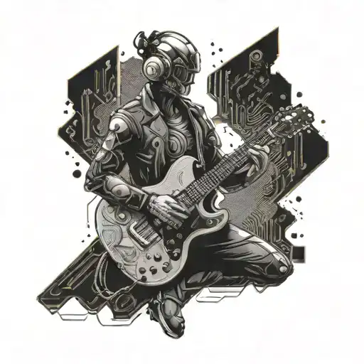 A Futuristic Cyborg Playing A Guitar With Circuit Board Details