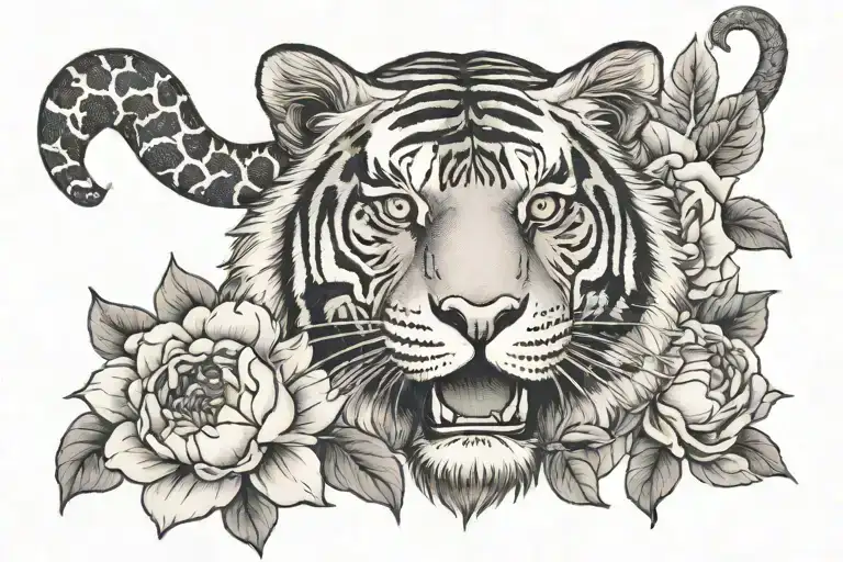 Tiger Head With Peony And Snake