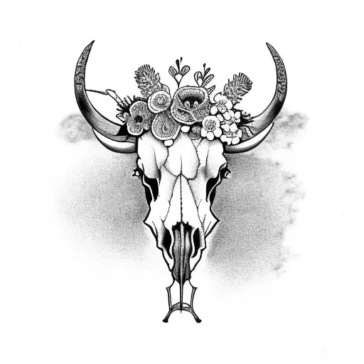 Long Horn Cow Skull With Flowers