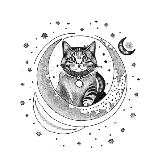 A Crescent Moon With A Cat Sitting On It With Stars And Sparkling Dangles