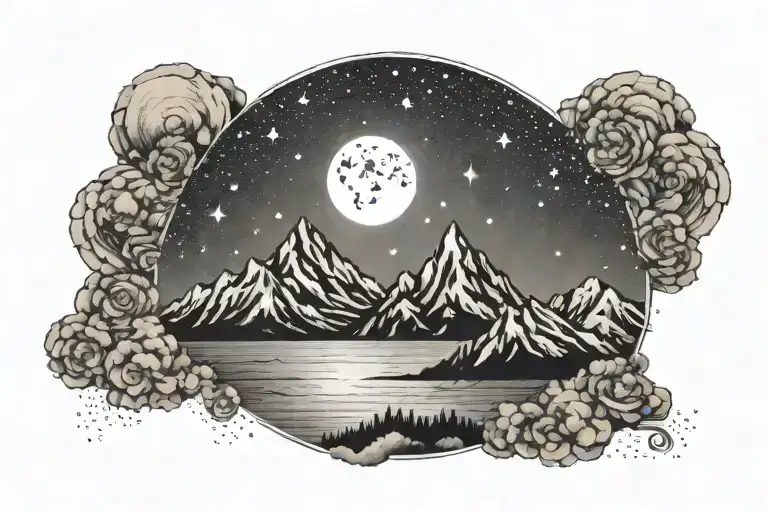 Mountain Range With Ocean And Moon And Stars Circle