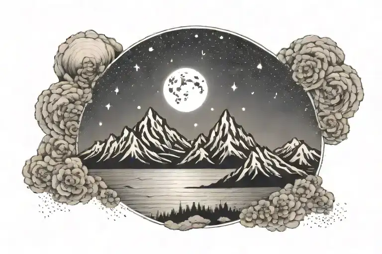 Mountain Range With Ocean And Moon And Stars Circle