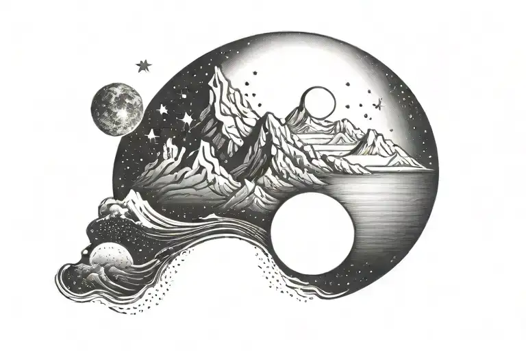 Mountain Range With Ocean And Moon And Stars Circle