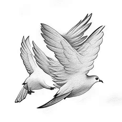 Silhouette Of 2 Doves Flying Off Into The Clouds And Sun