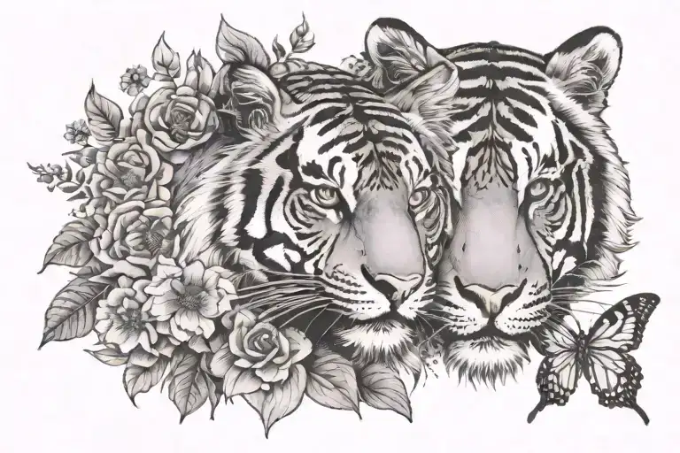 Bird And Tiger With Flowers