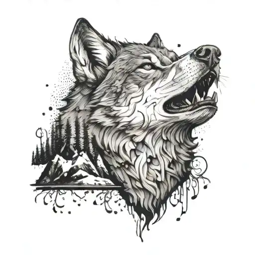 Wolf In Mountain Tatto In The Chest