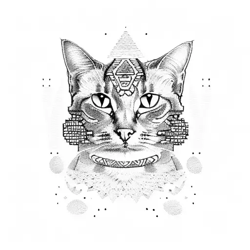 A Sketch-style Portrait Of A Cat With Aztec-inspired Patterns