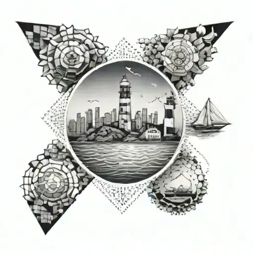 A Geometric Design Featuring Water And Nova Scotia Landmarks In A Dotwork Style