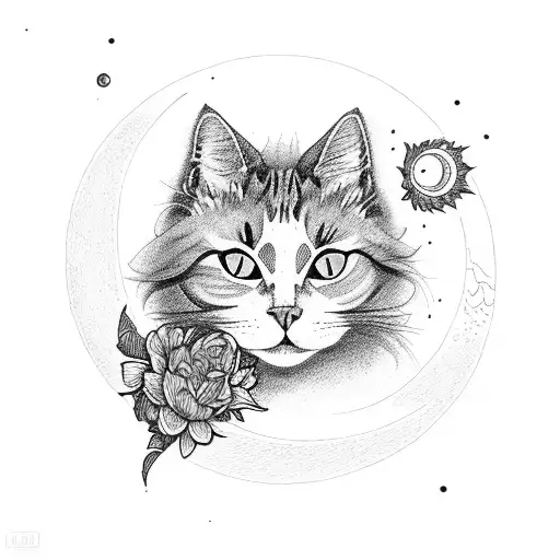 Cat With Moon And Flowers