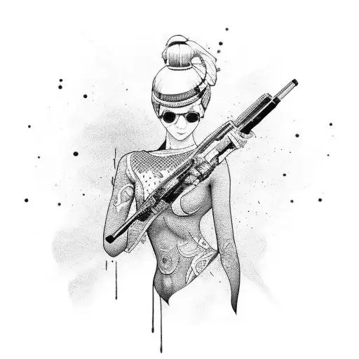 A Full Body Picture Of A Slim Sexy Asian Girl With On Arm Raised Poing A Hand Gun