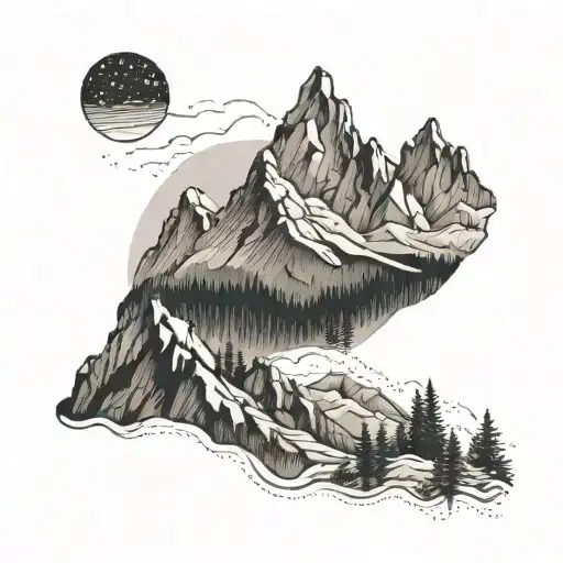 Detailed Line Work Tattoo Of A Mountain Scene With A Camouflage Pattern Incorporated In The Design