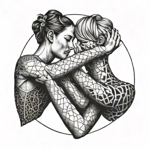 An Abstract Representation Of Friendship And Gymnastics Intertwined In A Dotwork Design
