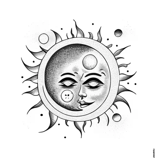 Smiling Sun In Waves And Moon With Stars