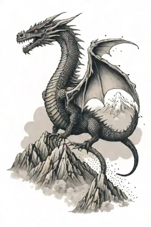 A Dotwork Tattoo Of A Dragon In Flight With A Backdrop Of Mount Fuji