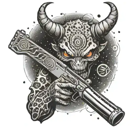 A Demonic Creature Holding A Gun With A Psychedelic Space Backdrop
