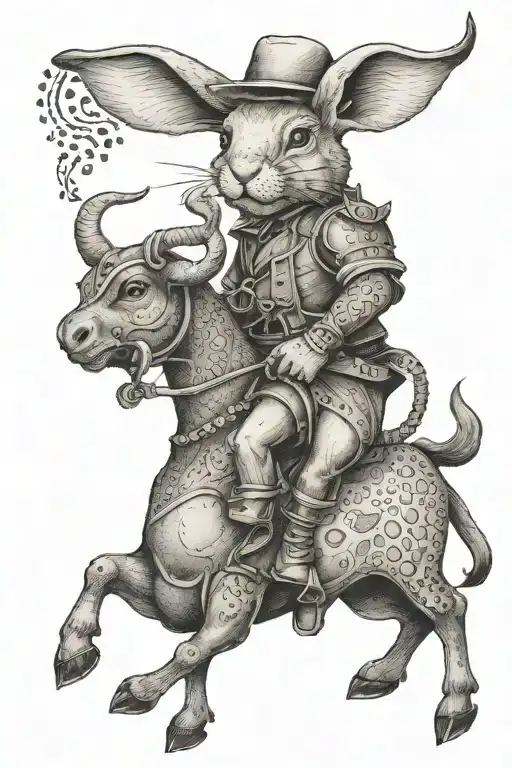 A Rabbit Riding On The Back Of A Bull In A Saddle