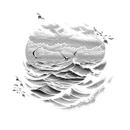 An Ocean Scene With Soundwaves Transforming Into Seagulls Around A Beach House