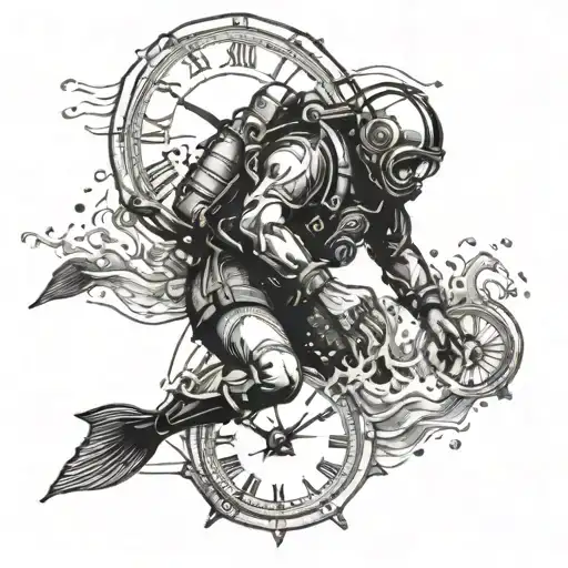 Create A Dotwork Tattoo Of A Diver Racing Against Time In A Clock-shaped Ocean