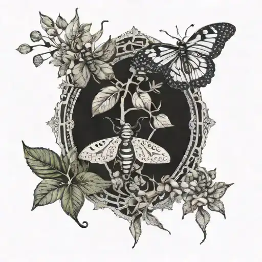 A Botanical Illustration Of A Unique Plant Species Intertwined With Intricate Insect Motifs